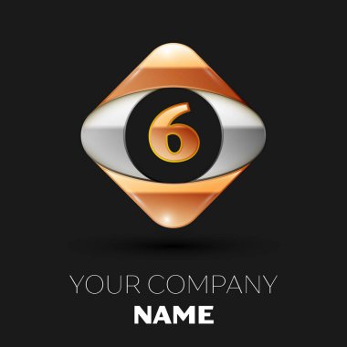 Gerçekçi altın harf altı logo sembol siyah arka plan üzerinde renkli altın-gümüş kare şeklinde. Tasarımınız için vektör şablonu