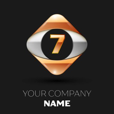 Gerçekçi altın harf yedi logo sembol siyah arka plan üzerinde renkli altın-gümüş kare şeklinde. Tasarımınız için vektör şablonu