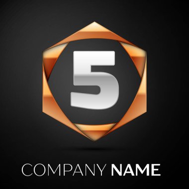 Gümüş beş numara logo simge siyah arka plan üzerine altıgen renkli altın. Tasarımınız için vektör şablonu