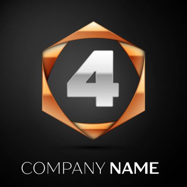 Gümüş dört numara logo simge siyah arka plan üzerine altıgen renkli altın. Tasarımınız için vektör şablonu