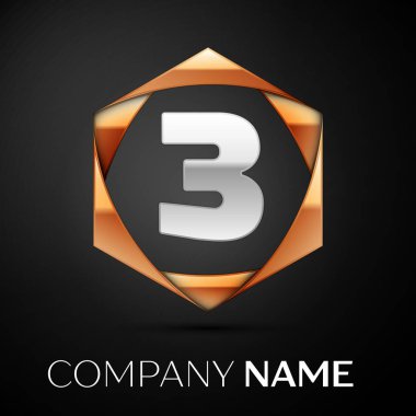 Gümüş üç numara logo simge siyah arka plan üzerine altıgen renkli altın. Tasarımınız için vektör şablonu