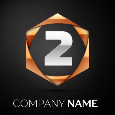 Gümüş iki numara logo simge siyah arka plan üzerine altıgen renkli altın. Tasarımınız için vektör şablonu