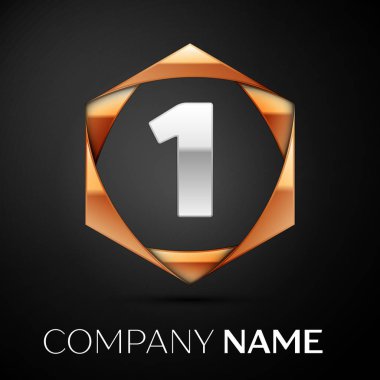 Renkli altın siyah arka plan üzerine altıgen gümüş bir logo simge. Tasarımınız için vektör şablonu
