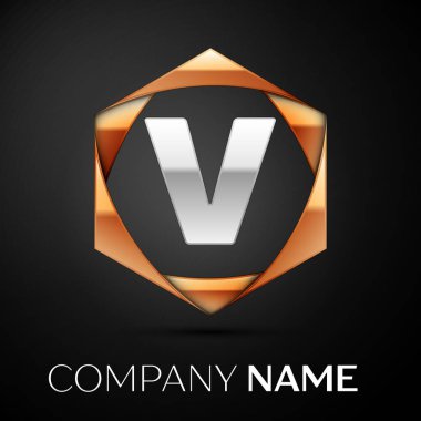 Renkli altın siyah arka plan üzerine altıgen gümüş harf V logo simge. Tasarımınız için vektör şablonu