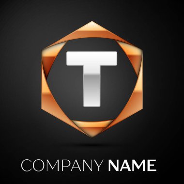 Renkli altın siyah arka plan üzerine altıgen gümüş mektup T logo simge. Tasarımınız için vektör şablonu