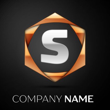 Renkli altın siyah arka plan üzerine altıgen gümüş S harfi logo simge. Tasarımınız için vektör şablonu