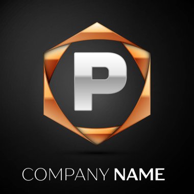 Renkli altın siyah arka plan üzerine altıgen gümüş harf P logo simge. Tasarımınız için vektör şablonu