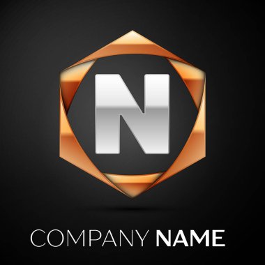 Renkli altın siyah arka plan üzerine altıgen gümüş harf N logo simge. Tasarımınız için vektör şablonu