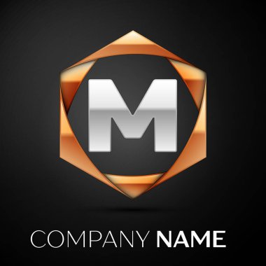 Renkli altın siyah arka plan üzerine altıgen gümüş harf M logo simge. Tasarımınız için vektör şablonu