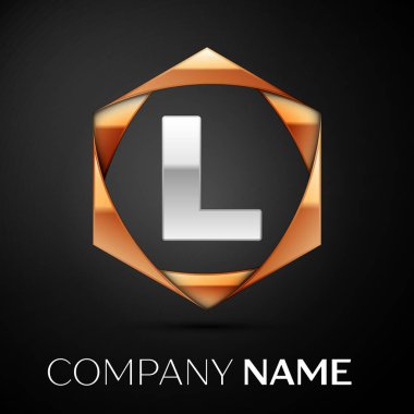 Renkli altın siyah arka plan üzerine altıgen gümüş L harfi logo simge. Tasarımınız için vektör şablonu