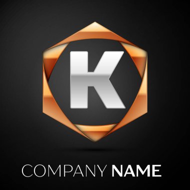 Renkli altın siyah arka plan üzerine altıgen gümüş harf K logo simge. Tasarımınız için vektör şablonu