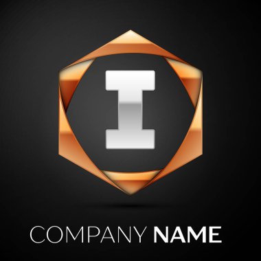 Gümüş renkli altın siyah arka plan üzerine altıgen logo simge harf ı. Tasarımınız için vektör şablonu