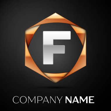 Renkli altın siyah arka plan üzerine altıgen gümüş harf F logo simge. Tasarımınız için vektör şablonu