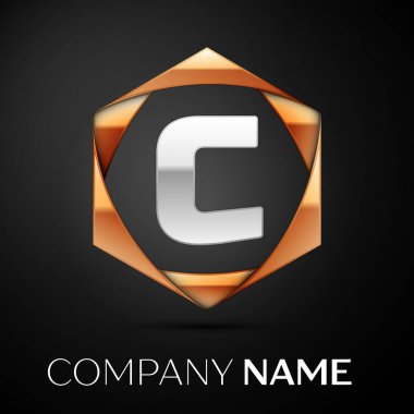 Renkli altın siyah arka plan üzerine altıgen gümüş harf C logo simge. Tasarımınız için vektör şablonu