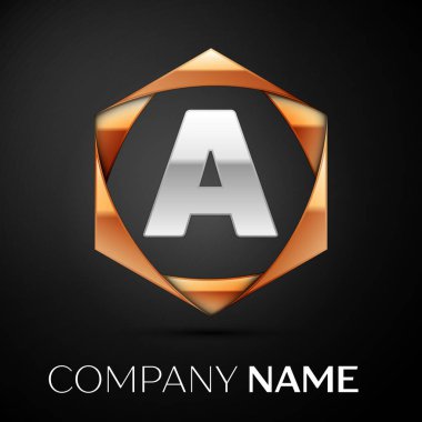 Renkli altın siyah arka plan üzerine altıgen gümüş harf A logo simge. Tasarımınız için vektör şablonu