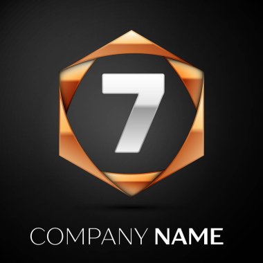 Gümüş yedi numara logo simge siyah arka plan üzerine altıgen renkli altın. Tasarımınız için vektör şablonu