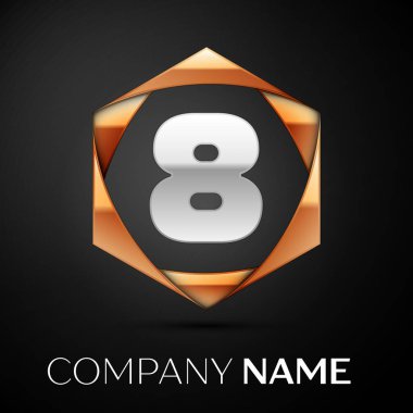 Gümüş sekiz numara logo simge siyah arka plan üzerine altıgen renkli altın. Tasarımınız için vektör şablonu