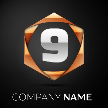 Gümüş Number Nine logo simge siyah arka plan üzerine altıgen renkli altın. Tasarımınız için vektör şablonu
