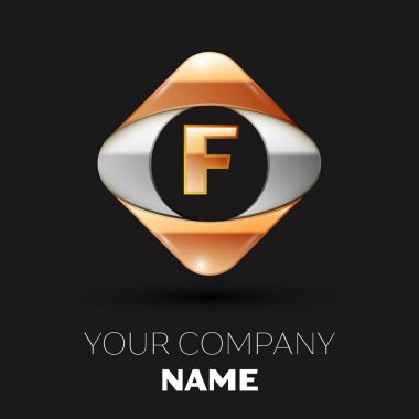 Gerçekçi altın harf F logo sembol siyah arka plan üzerinde renkli altın-gümüş kare şeklinde. Tasarımınız için vektör şablonu
