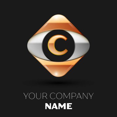 Gerçekçi altın harfi C logo sembol siyah arka plan üzerinde renkli altın-gümüş kare şeklinde. Tasarımınız için vektör şablonu