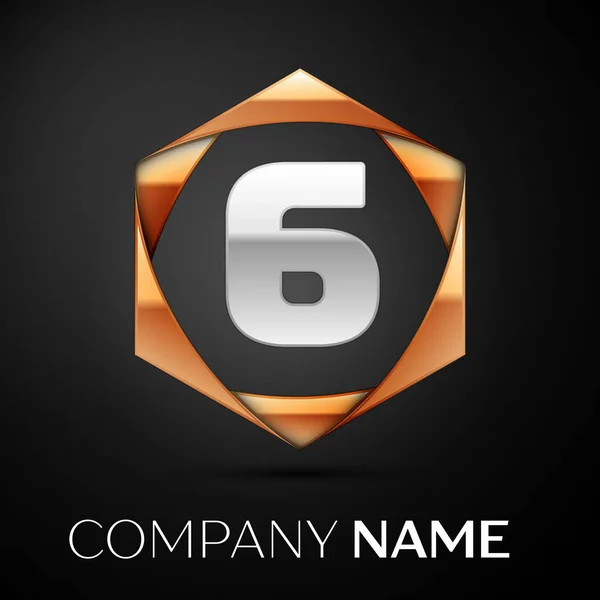 Символ логотипу "Срібний номер шість" у кольоровому золотому шестикутнику на чорному тлі. Векторний шаблон вашого дизайну — стоковий вектор
