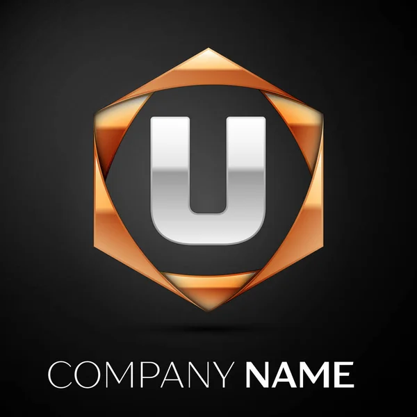 Silver Letter símbolo do logotipo U no colorido hexagonal dourado no fundo preto. Modelo de vetor para o seu projeto —  Vetores de Stock