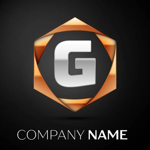 Silver Letter G logo symbol in the colorful golden hexagonal on black background. Vector template for your design — Stock Vector