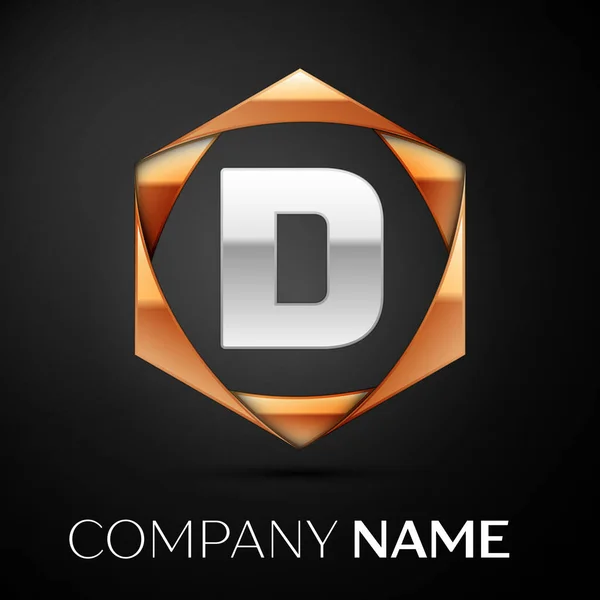 Logo huruf perak D simbol dalam warna-warni heksagonal emas pada latar belakang hitam. Templat vektor untuk desain Anda - Stok Vektor