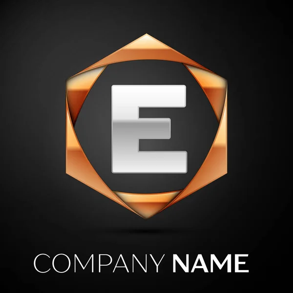 Stříbrné písmeno E logo symbol v barevné zlatý imbus na černém pozadí. Vektor šablona pro návrh — Stockový vektor