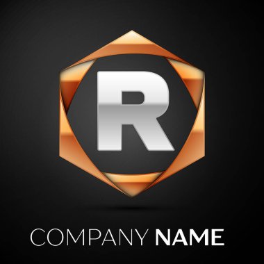 Renkli altın siyah arka plan üzerine altıgen gümüş harf R logo simge. Tasarımınız için vektör şablonu