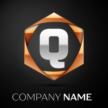 Renkli altın siyah arka plan üzerine altıgen gümüş harf Q logo simge. Tasarımınız için vektör şablonu