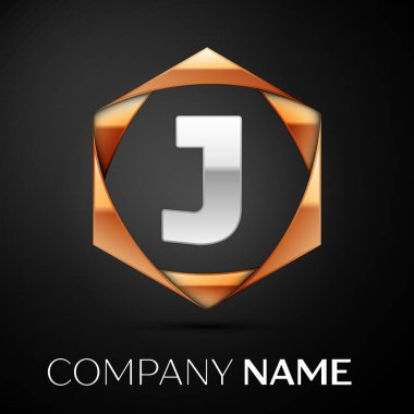 Renkli altın siyah arka plan üzerine altıgen gümüş harf J logo simge. Tasarımınız için vektör şablonu