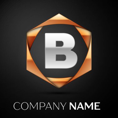 Renkli altın siyah arka plan üzerine altıgen gümüş mektup B logo simge. Tasarımınız için vektör şablonu
