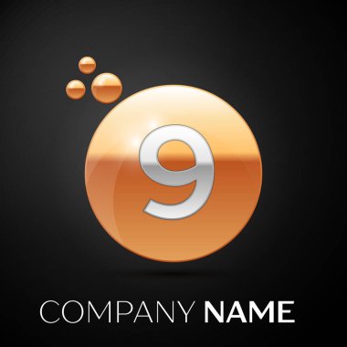 Gümüş Number Nine logosunu görmeniz gerekir. Altın nokta sıçrama ve siyah arka plan üzerine sıvı kabarcık şekli. Tasarımınız için vektör şablonu