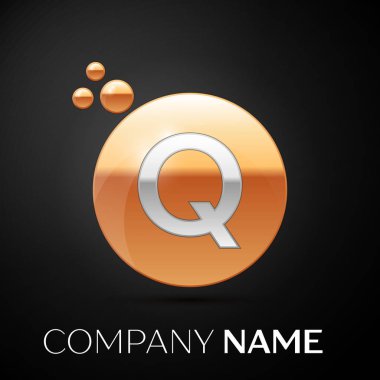 Gümüş harf Q logosu. Altın nokta sıçrama ve siyah arka plan üzerine sıvı kabarcık şekli. Tasarımınız için vektör şablonu