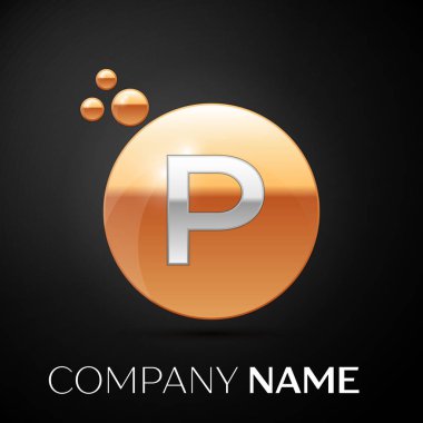 Gümüş harf P logosunu görmeniz gerekir. Altın nokta sıçrama ve siyah arka plan üzerine sıvı kabarcık şekli. Tasarımınız için vektör şablonu