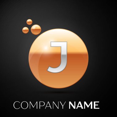 Gümüş harf J logosu. Altın nokta sıçrama ve siyah arka plan üzerine sıvı kabarcık şekli. Tasarımınız için vektör şablonu