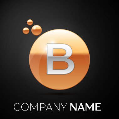 Gümüş mektup B logosu. Altın nokta sıçrama ve siyah arka plan üzerine sıvı kabarcık şekli. Tasarımınız için vektör şablonu