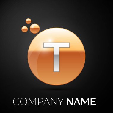 Gümüş mektup T logo. Altın nokta sıçrama ve siyah arka plan üzerine sıvı kabarcık şekli. Tasarımınız için vektör şablonu