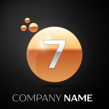 Gümüş yedi numara logosu. Altın nokta sıçrama ve siyah arka plan üzerine sıvı kabarcık şekli. Tasarımınız için vektör şablonu