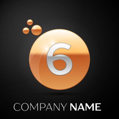 Gümüş altı numara logosu. Altın nokta sıçrama ve siyah arka plan üzerine sıvı kabarcık şekli. Tasarımınız için vektör şablonu