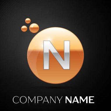 Gümüş harf N logosu. Altın nokta sıçrama ve siyah arka plan üzerine sıvı kabarcık şekli. Tasarımınız için vektör şablonu