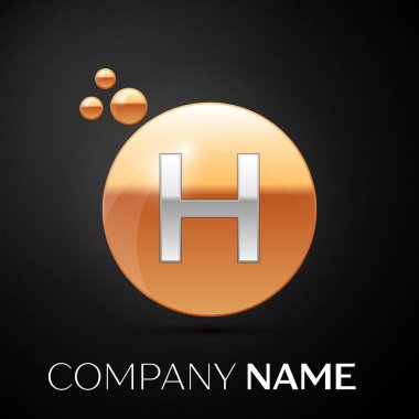 Gümüş H harfi logosu. Altın nokta sıçrama ve siyah arka plan üzerine sıvı kabarcık şekli. Tasarımınız için vektör şablonu
