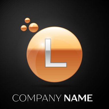 Gümüş L harfi logosu. Altın nokta sıçrama ve siyah arka plan üzerine sıvı kabarcık şekli. Tasarımınız için vektör şablonu