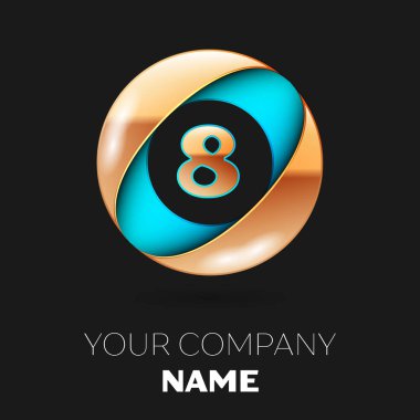 Gerçekçi altın sekiz numara logo sembol siyah zemin üzerine mavi-altın renkli daire şeklinde. Tasarımınız için vektör şablonu