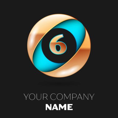 Gerçekçi altın altı numara logo sembol siyah zemin üzerine mavi-altın renkli daire şeklinde. Tasarımınız için vektör şablonu