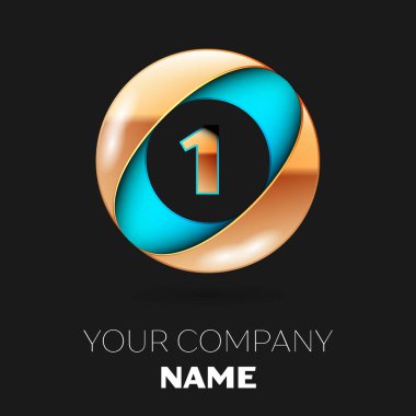Gerçekçi altın bir logo sembol siyah zemin üzerine mavi-altın renkli daire şeklinde. Tasarımınız için vektör şablonu