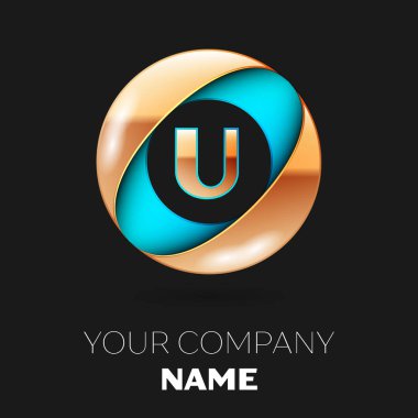 Gerçekçi altın harf U logo sembol siyah zemin üzerine mavi-altın renkli daire şeklinde. Tasarımınız için vektör şablonu