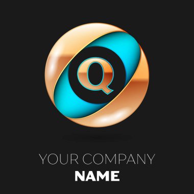 Gerçekçi altın harf Q logo sembol siyah zemin üzerine mavi-altın renkli daire şeklinde. Tasarımınız için vektör şablonu