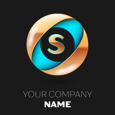 Gerçekçi altın harf S logo sembol siyah zemin üzerine mavi-altın renkli daire şeklinde. Tasarımınız için vektör şablonu